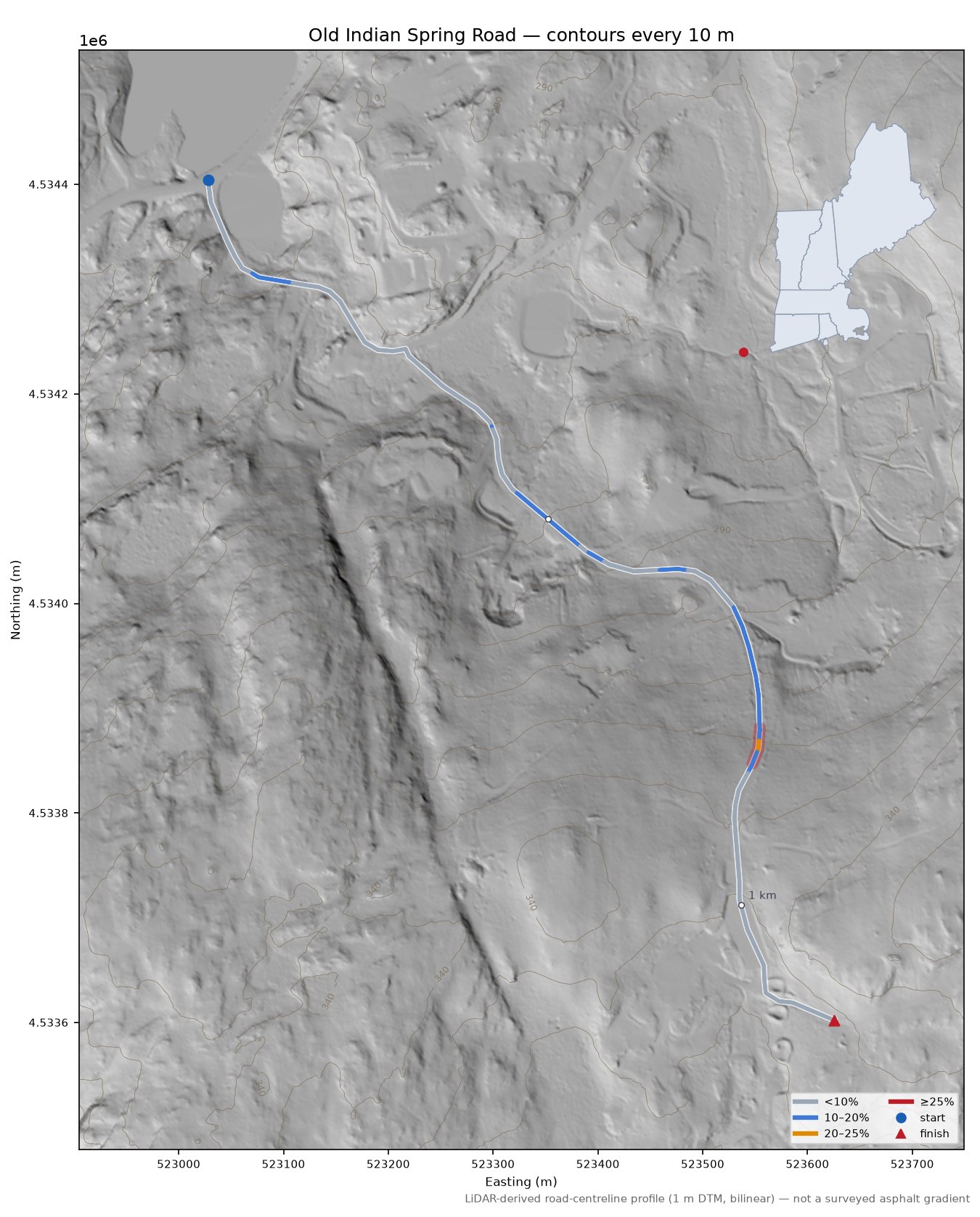 Old Indian Spring Road LiDAR hillshade map with contours