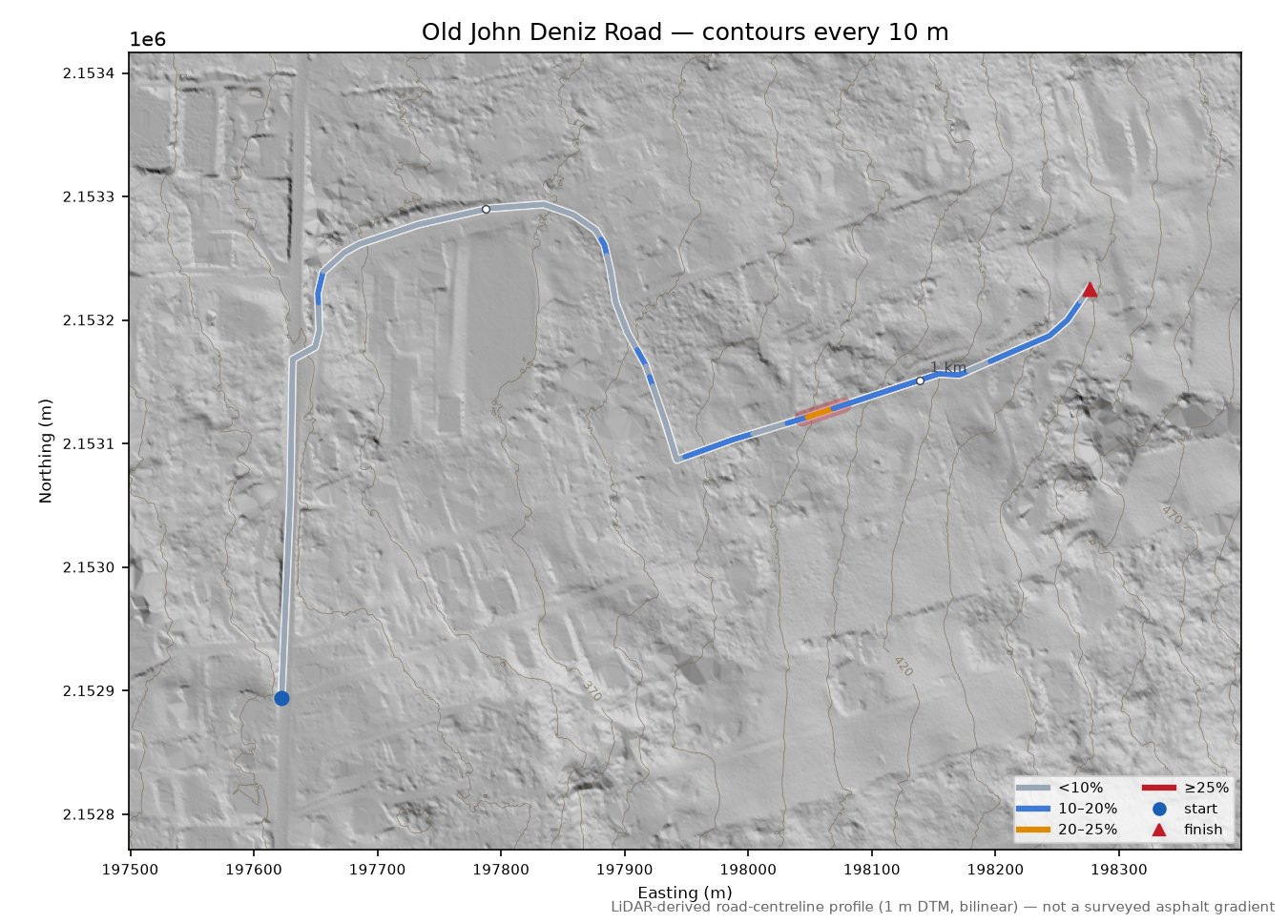 Old John Deniz Road LiDAR hillshade map with contours
