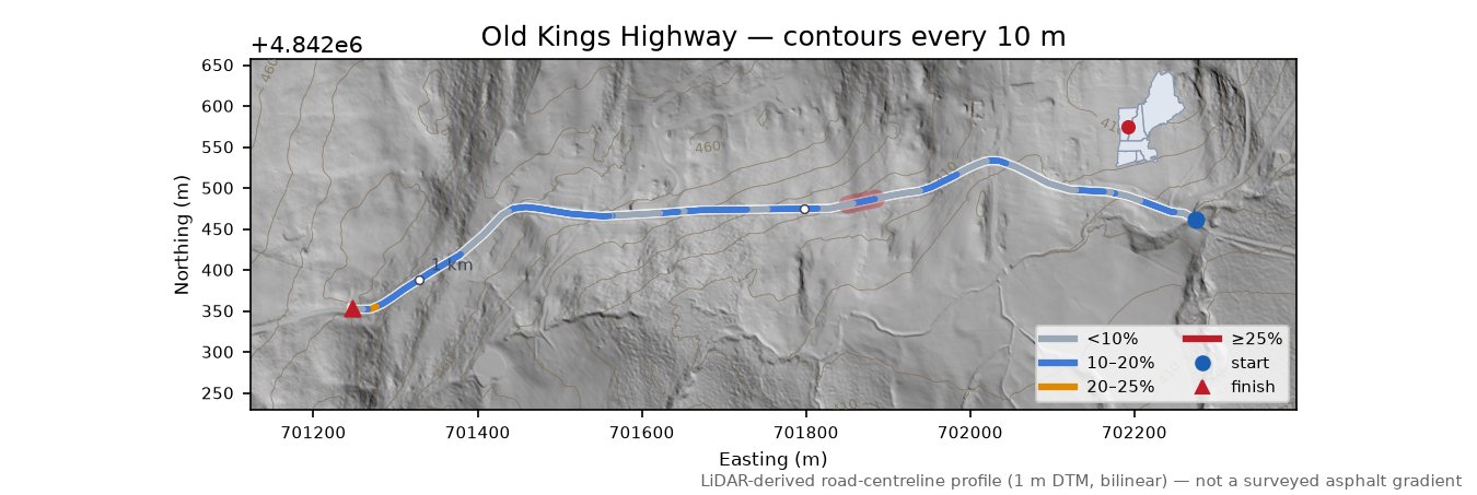 Old Kings Highway LiDAR hillshade map with contours