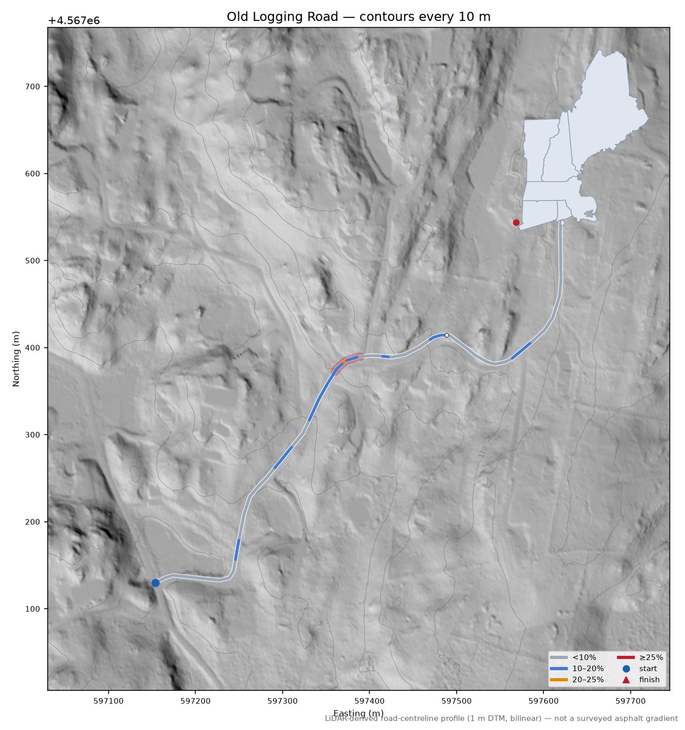Old Logging Road LiDAR hillshade map with contours
