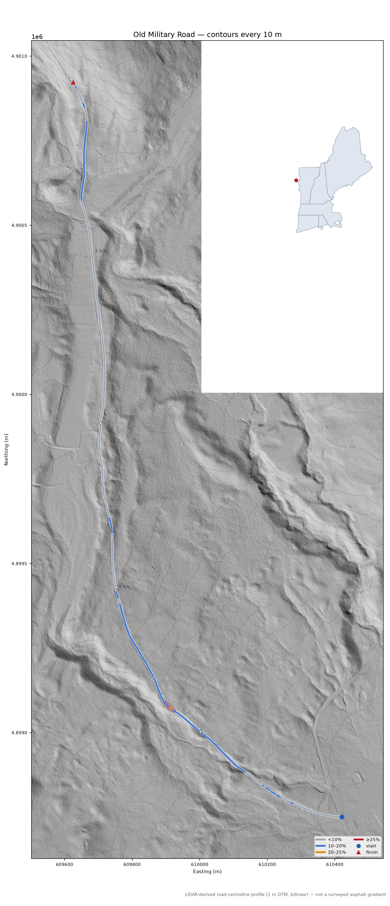 Old Military Road LiDAR hillshade map with contours