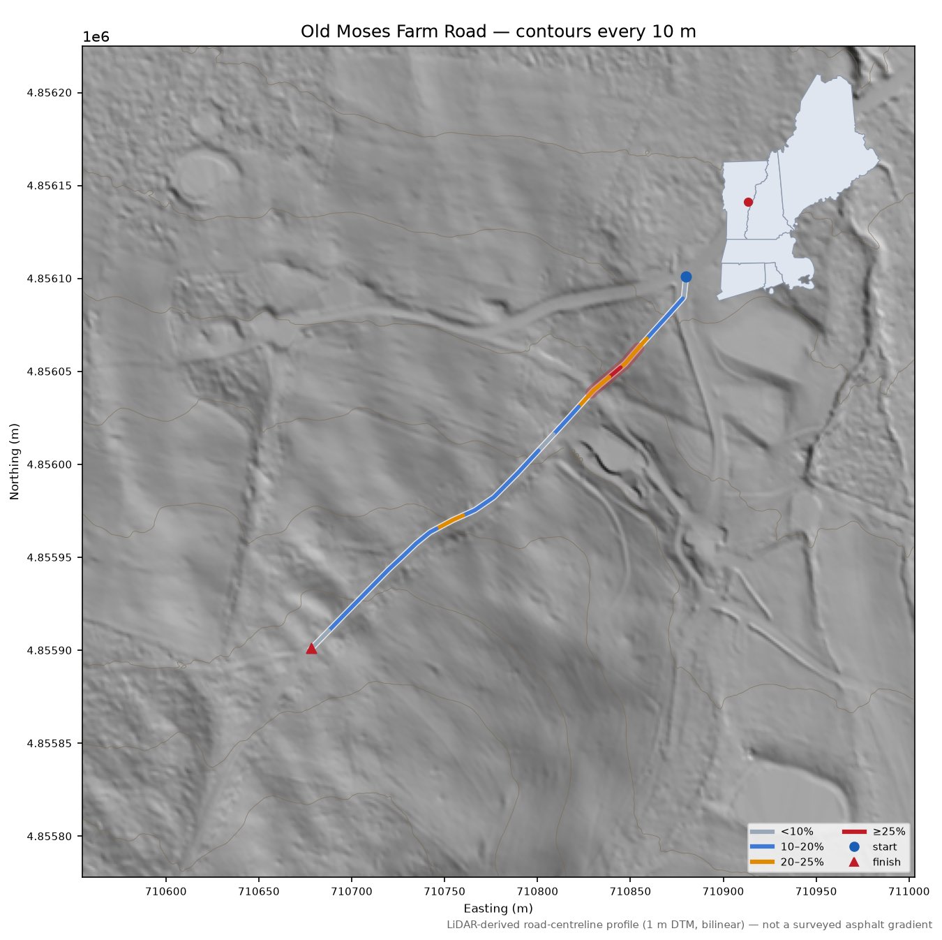 Old Moses Farm Road LiDAR hillshade map with contours