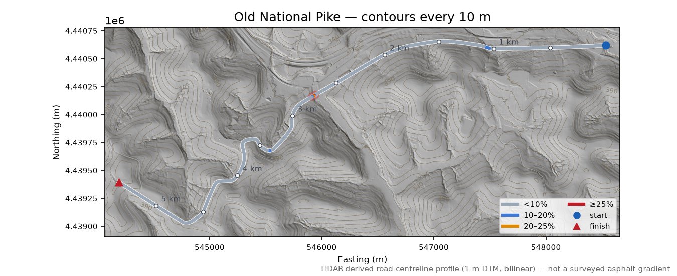 Old National Pike LiDAR hillshade map with contours
