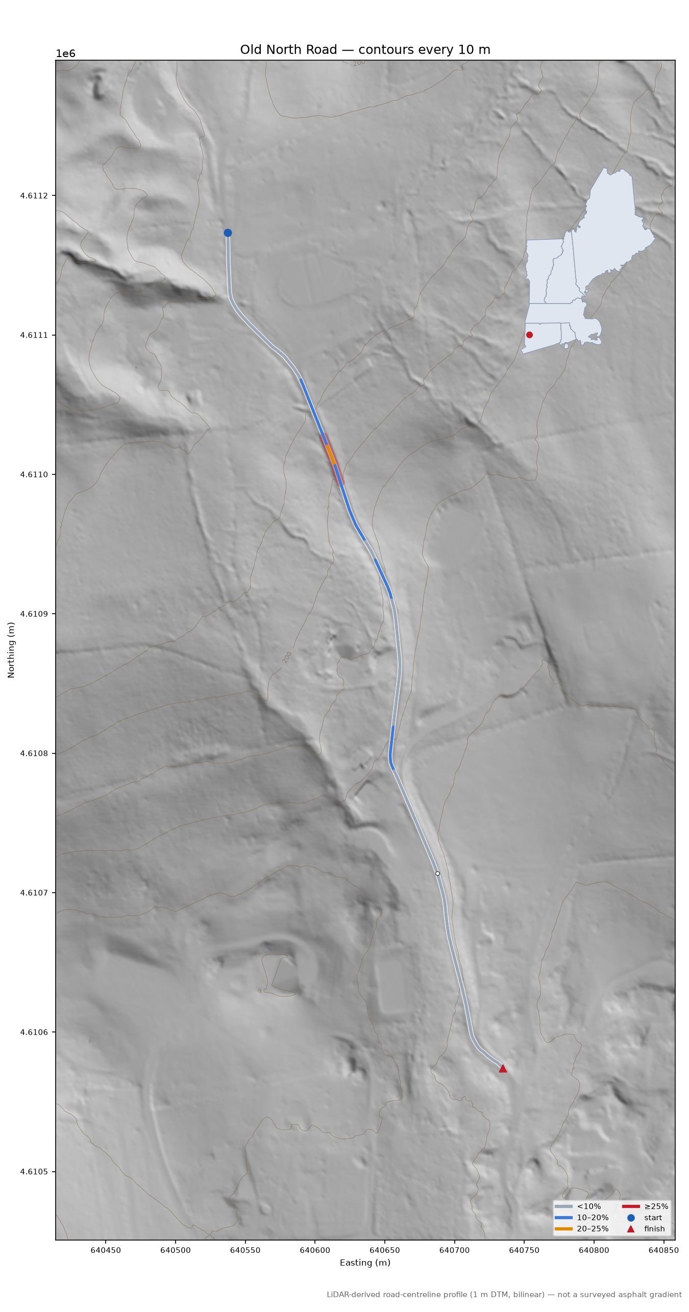 Old North Road LiDAR hillshade map with contours