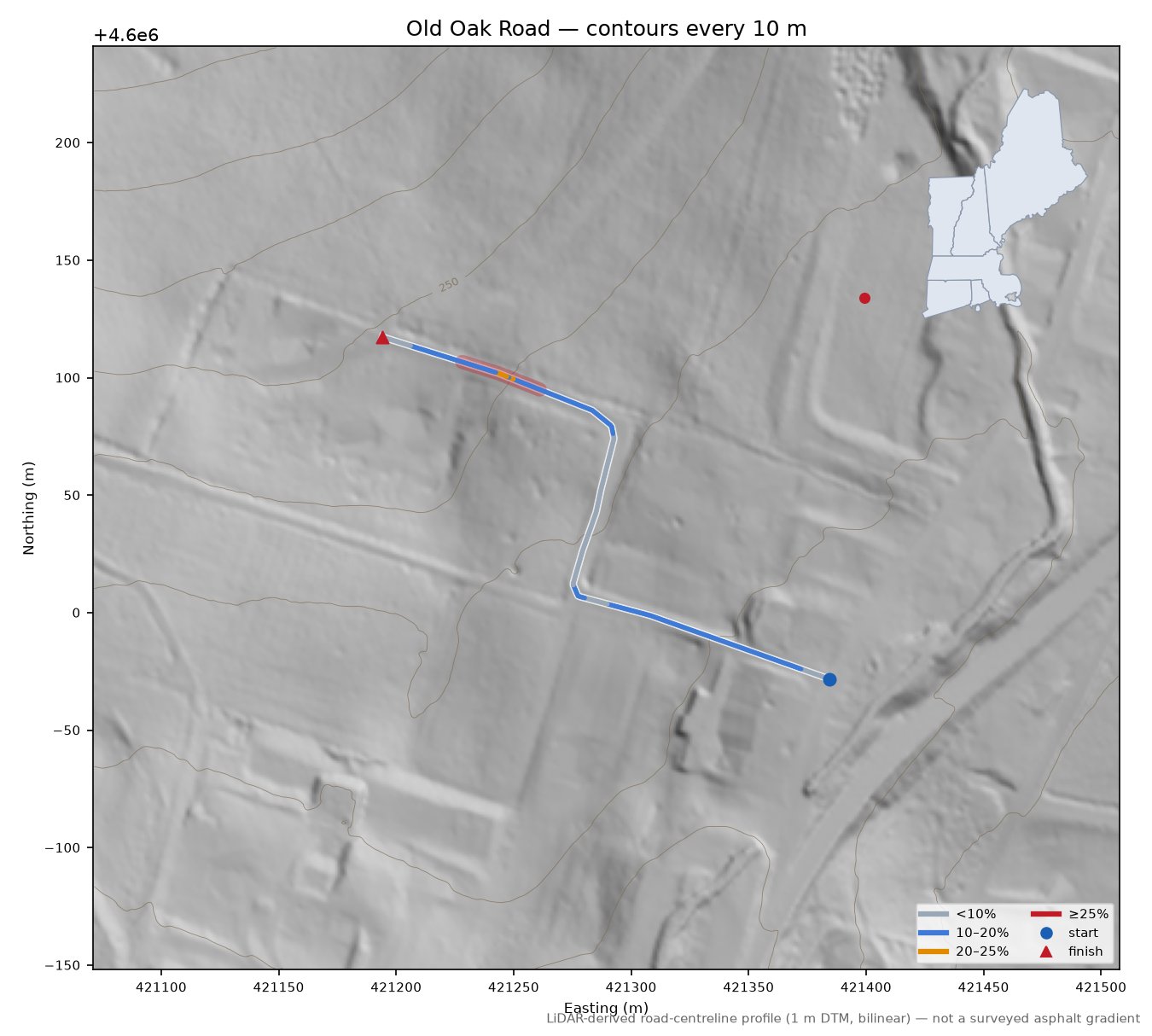 Old Oak Road LiDAR hillshade map with contours