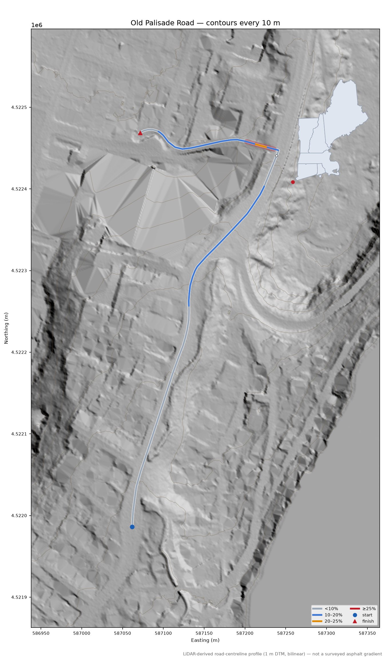Old Palisade Road LiDAR hillshade map with contours