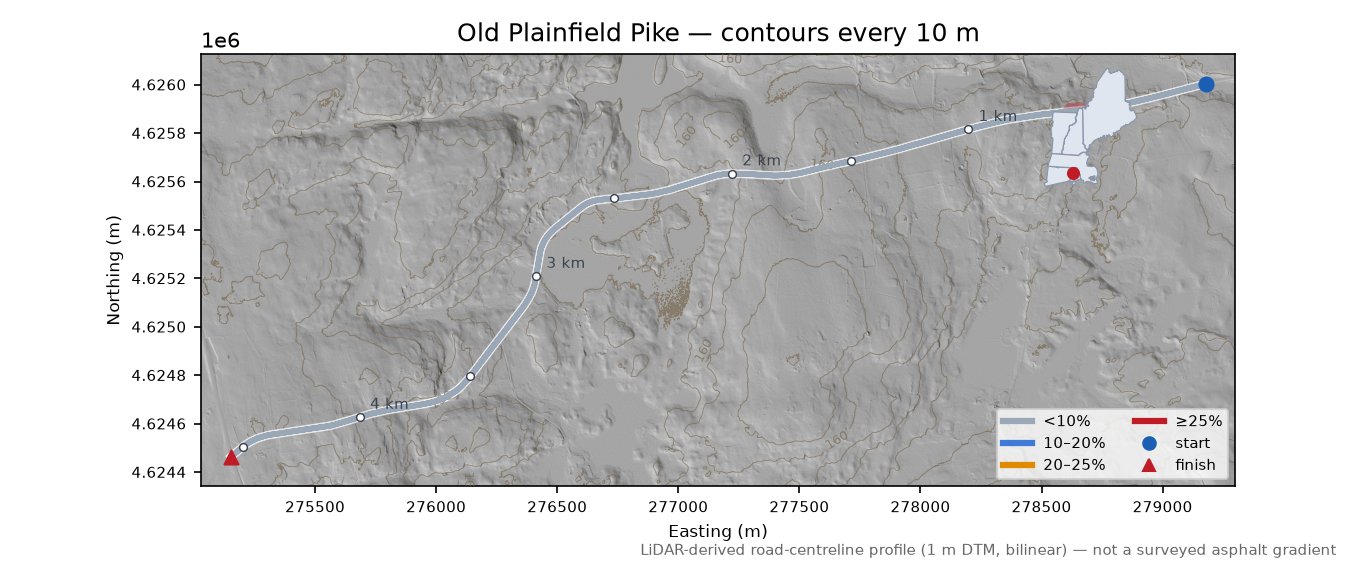 Old Plainfield Pike LiDAR hillshade map with contours