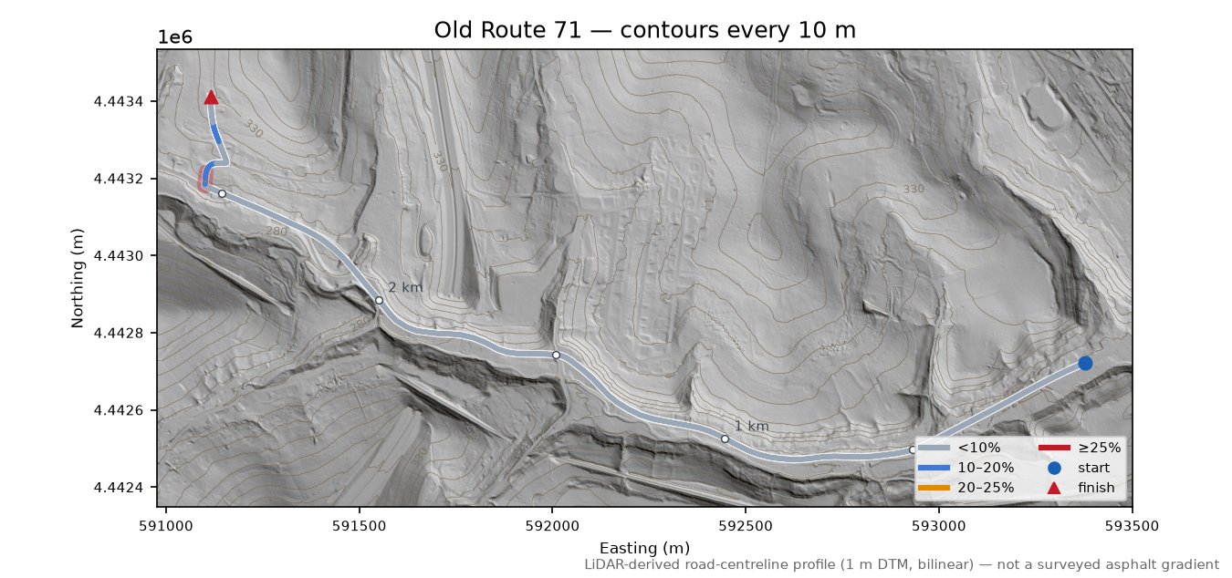 Old Route 71 LiDAR hillshade map with contours