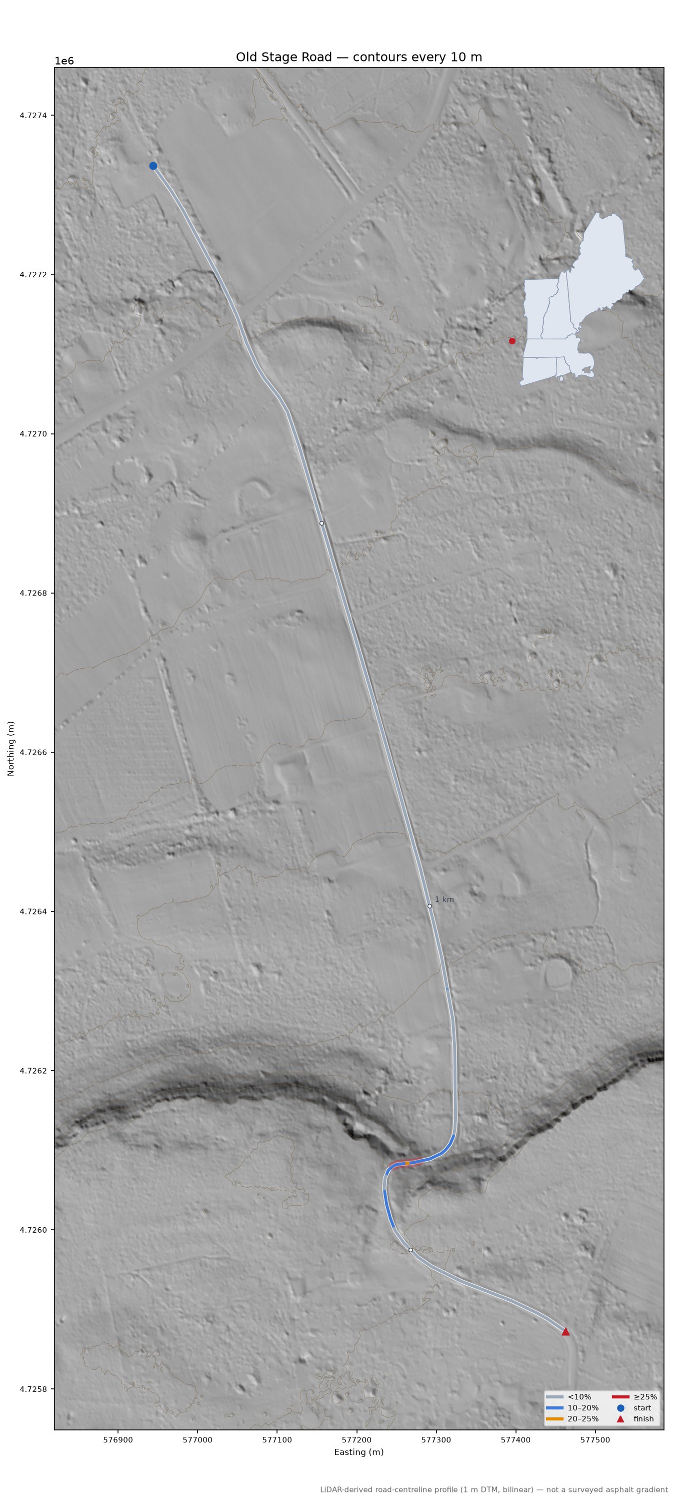 Old Stage Road LiDAR hillshade map with contours