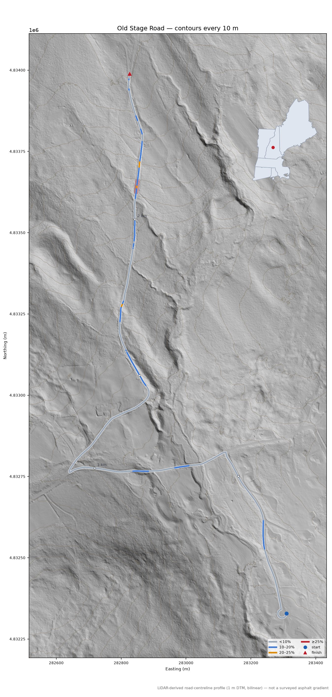 Old Stage Road LiDAR hillshade map with contours