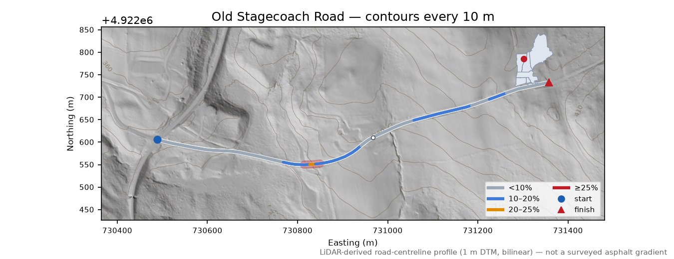 Old Stagecoach Road LiDAR hillshade map with contours