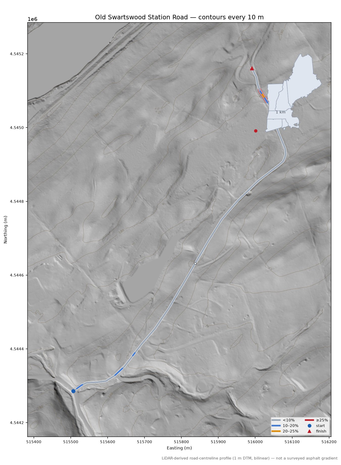 Old Swartswood Station Road LiDAR hillshade map with contours