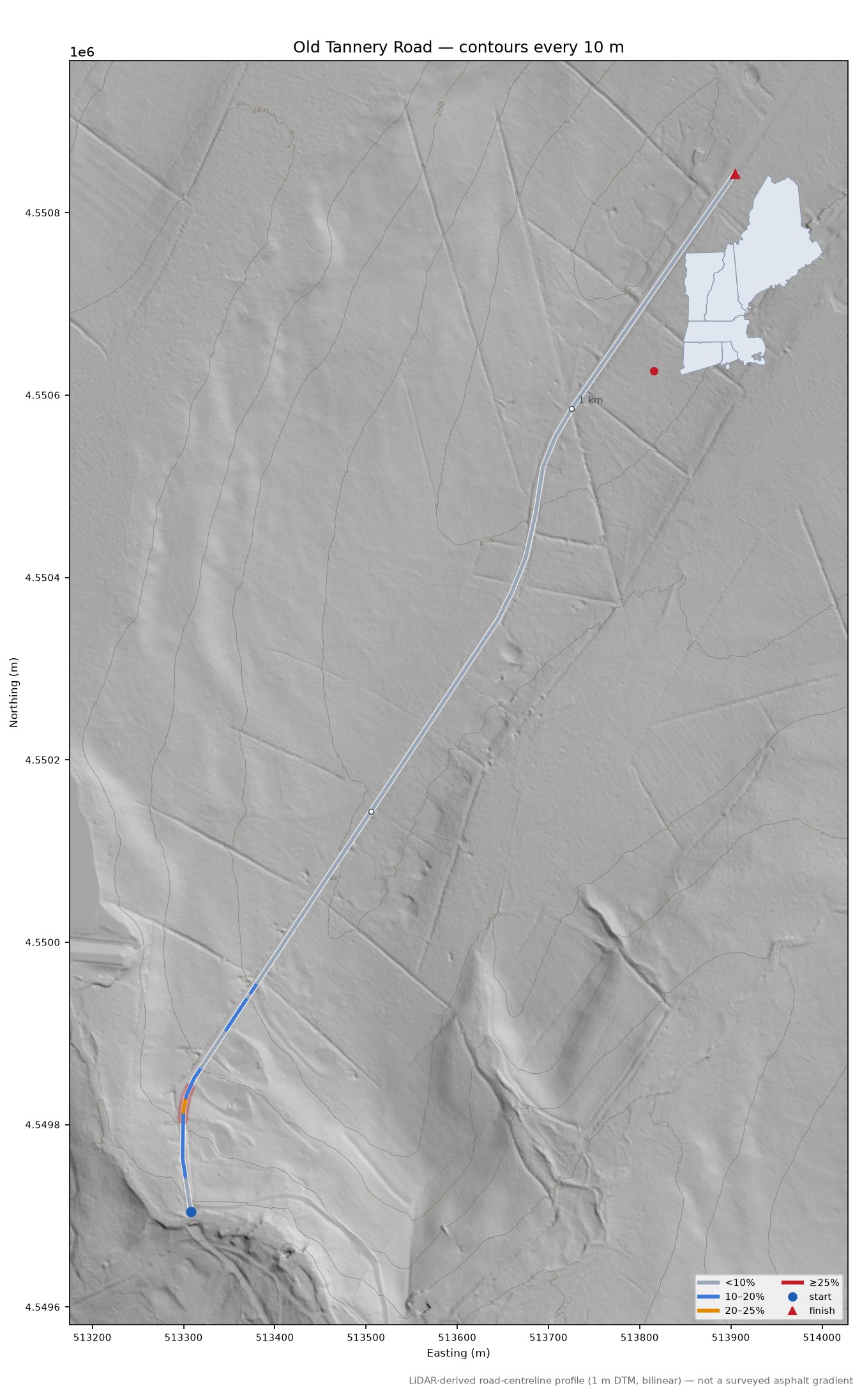 Old Tannery Road LiDAR hillshade map with contours