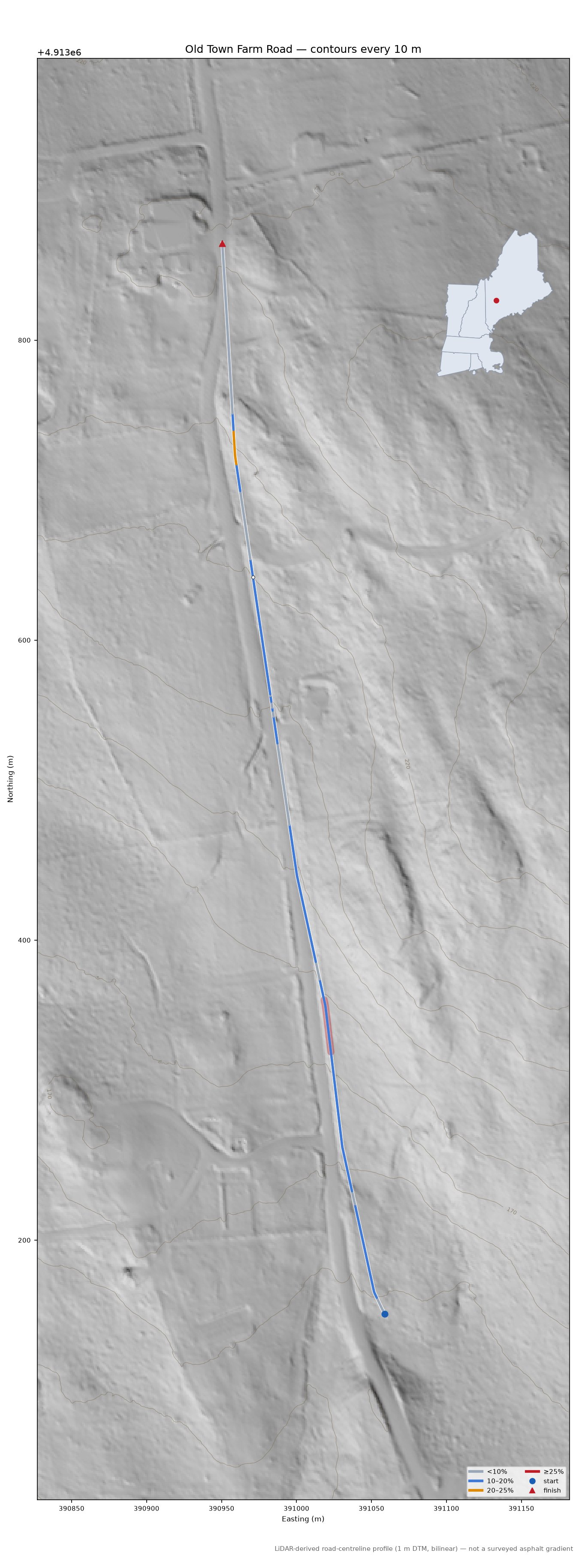 Old Town Farm Road LiDAR hillshade map with contours