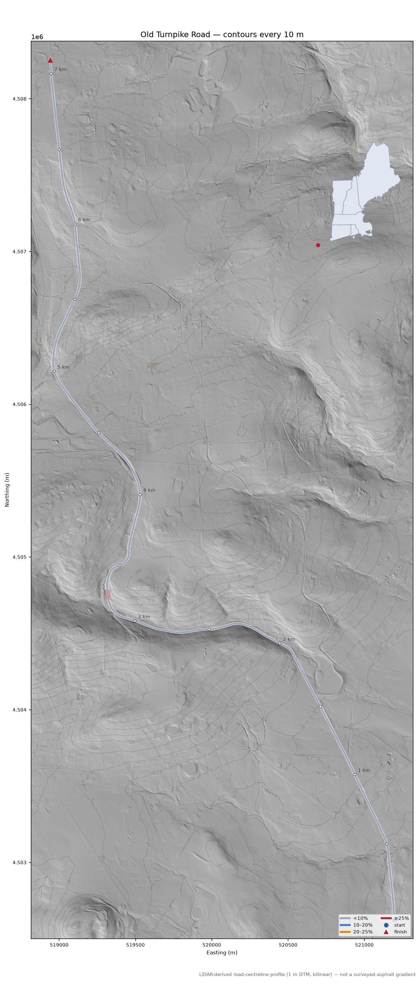 Old Turnpike Road LiDAR hillshade map with contours