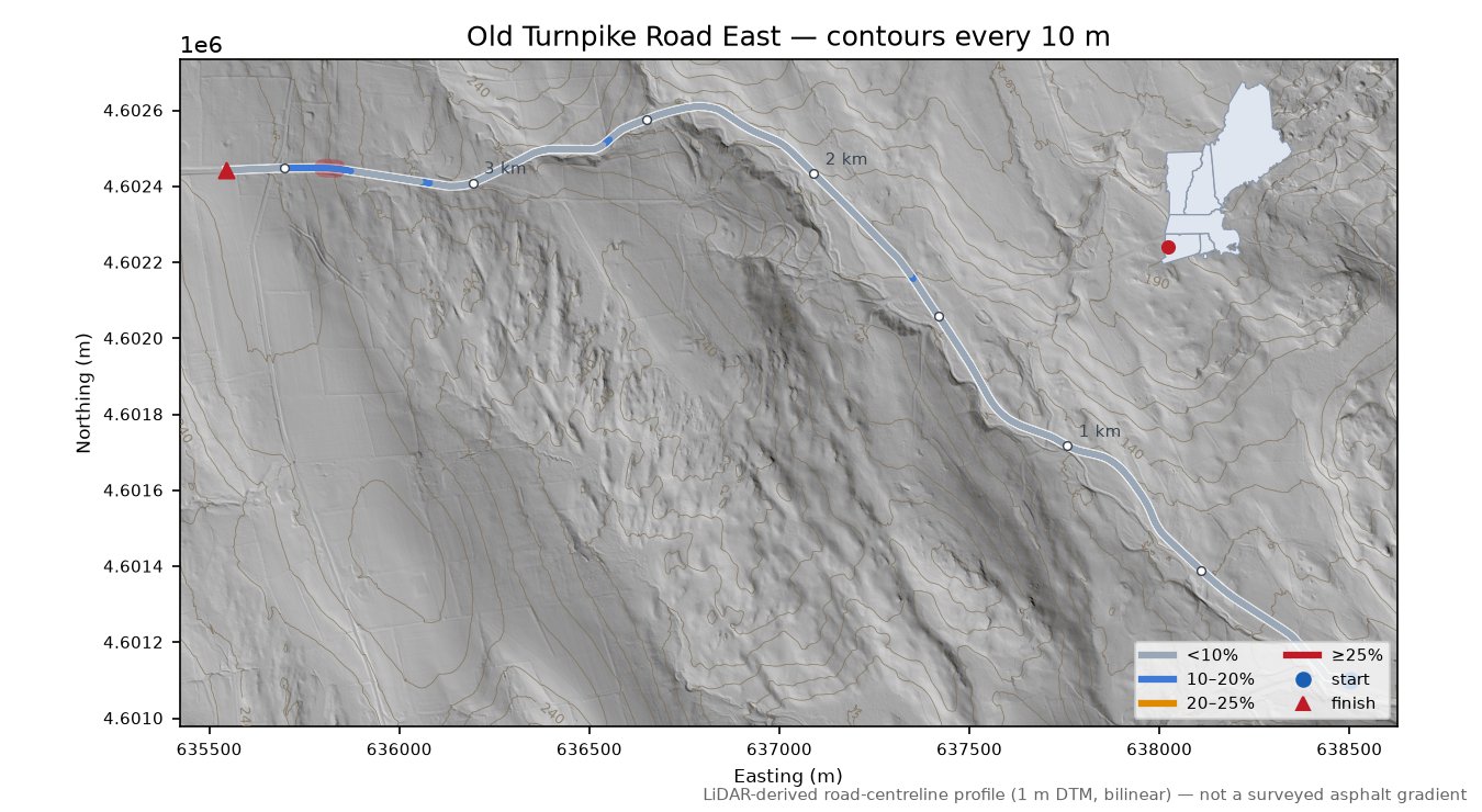 Old Turnpike Road East LiDAR hillshade map with contours