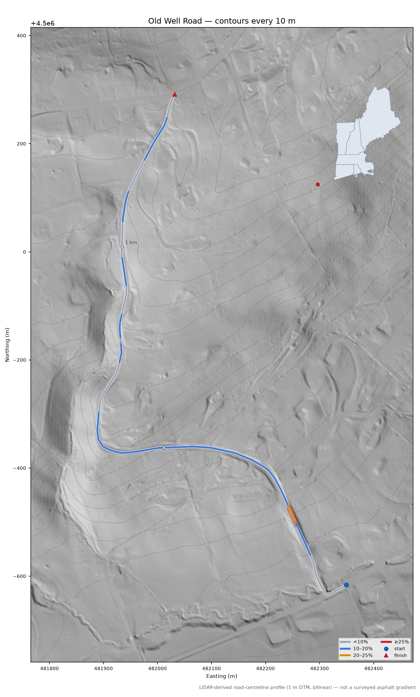 Old Well Road LiDAR hillshade map with contours