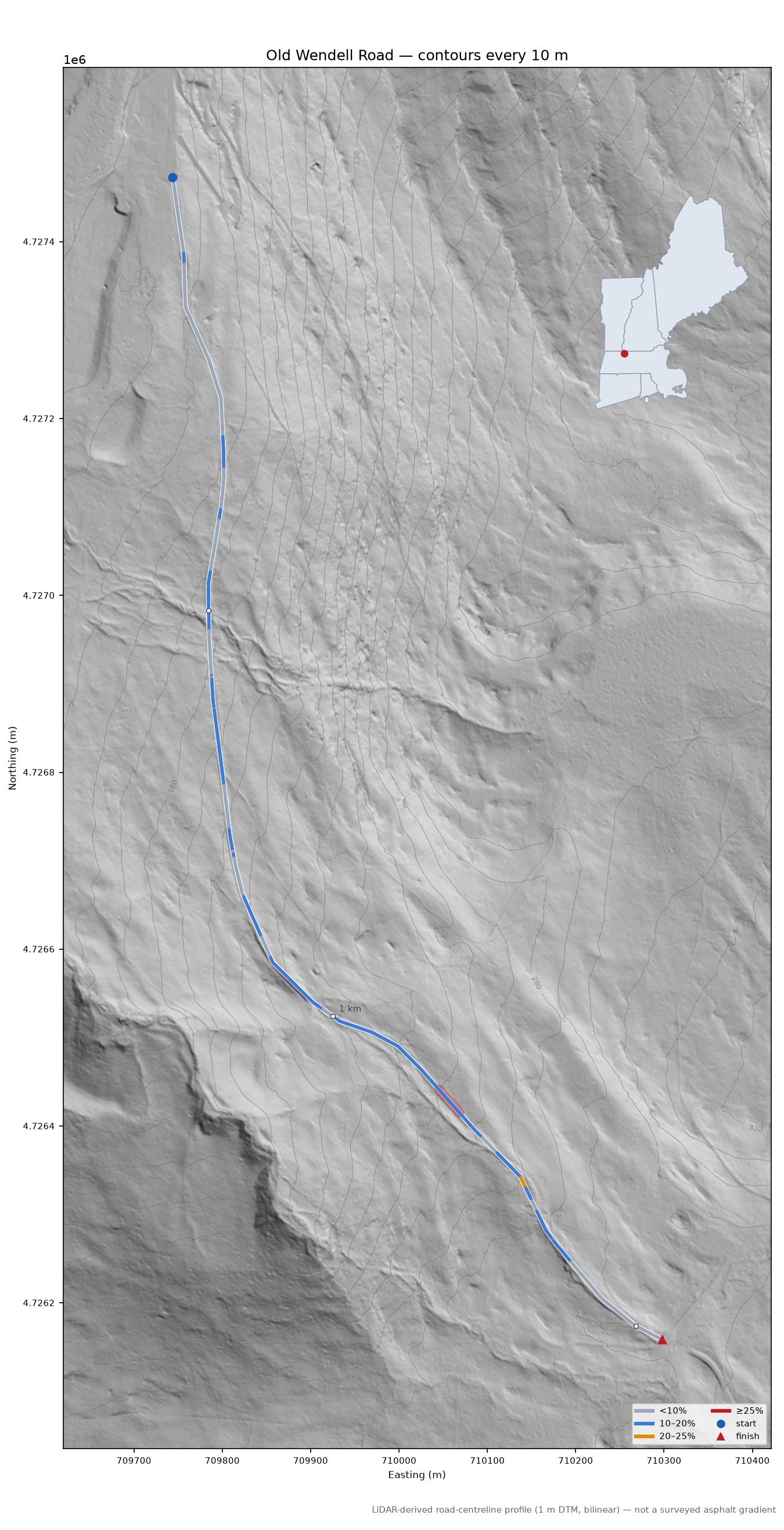 Old Wendell Road LiDAR hillshade map with contours