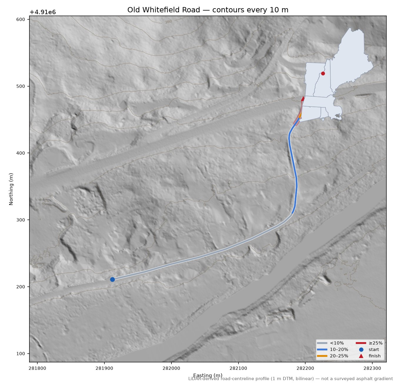 Old Whitefield Road LiDAR hillshade map with contours