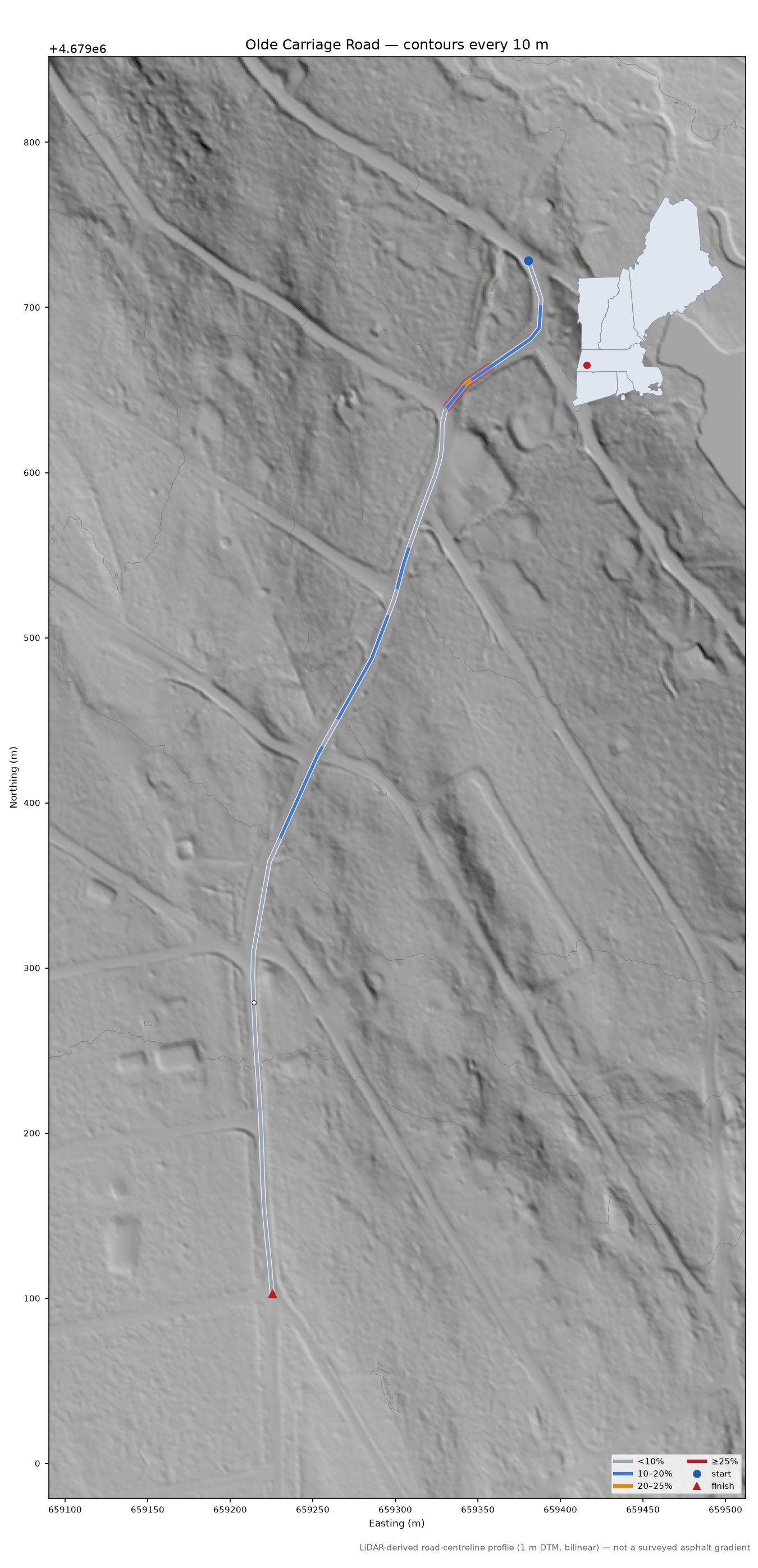Olde Carriage Road LiDAR hillshade map with contours