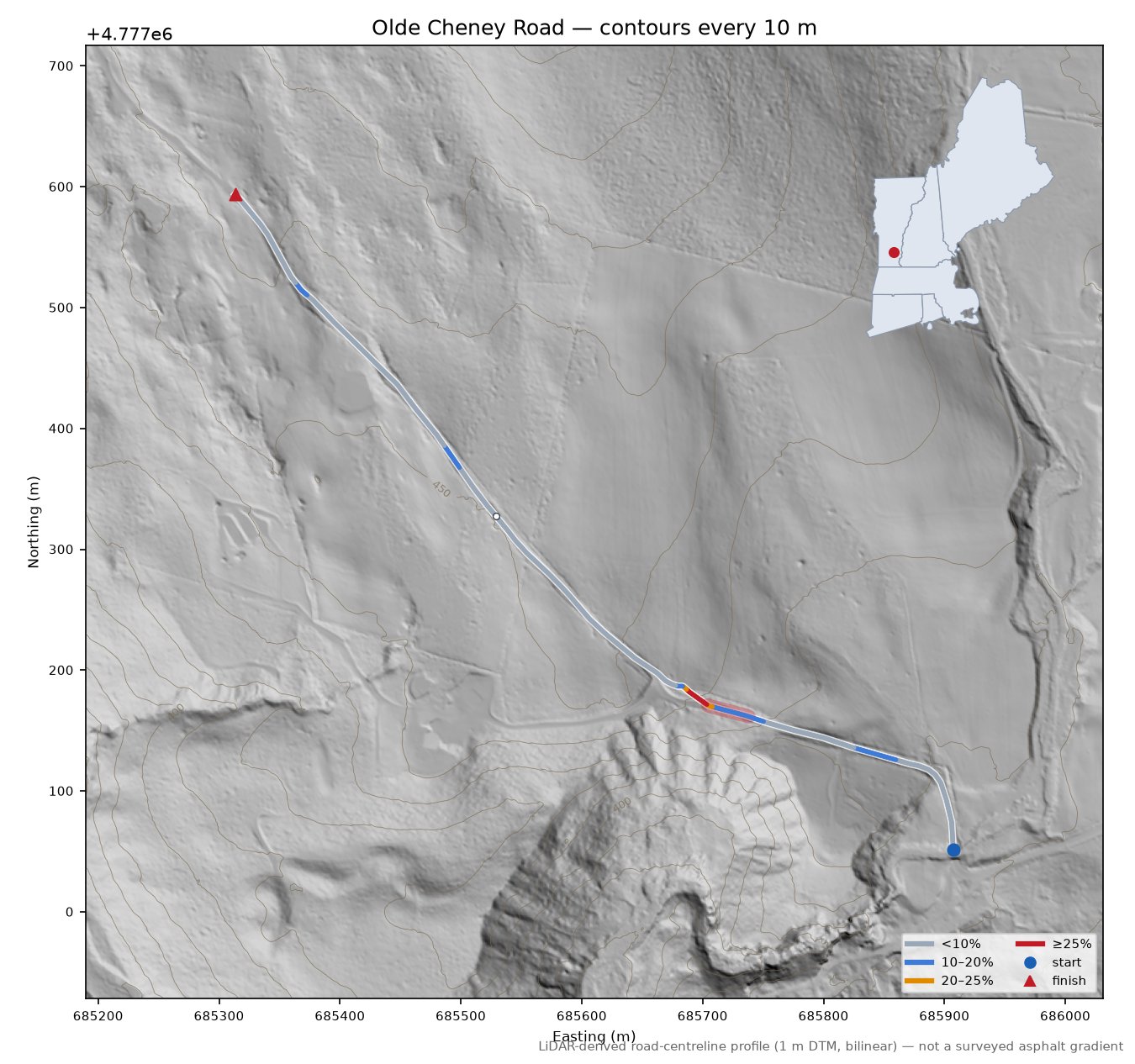 Olde Cheney Road LiDAR hillshade map with contours