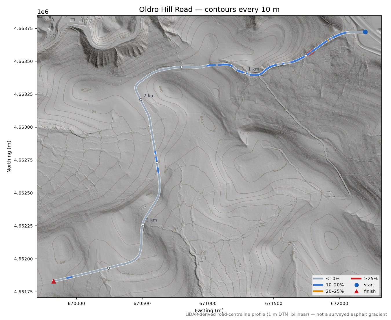 Oldro Hill Road LiDAR hillshade map with contours