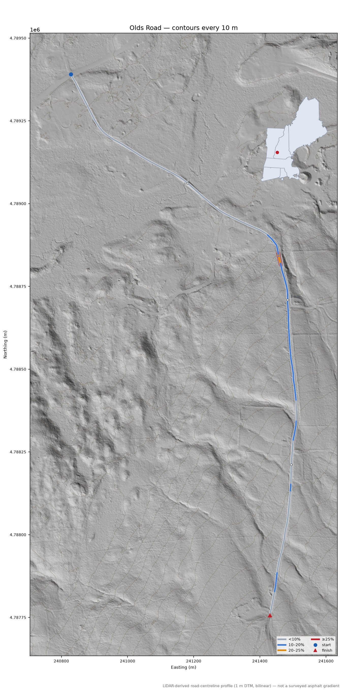 Olds Road LiDAR hillshade map with contours