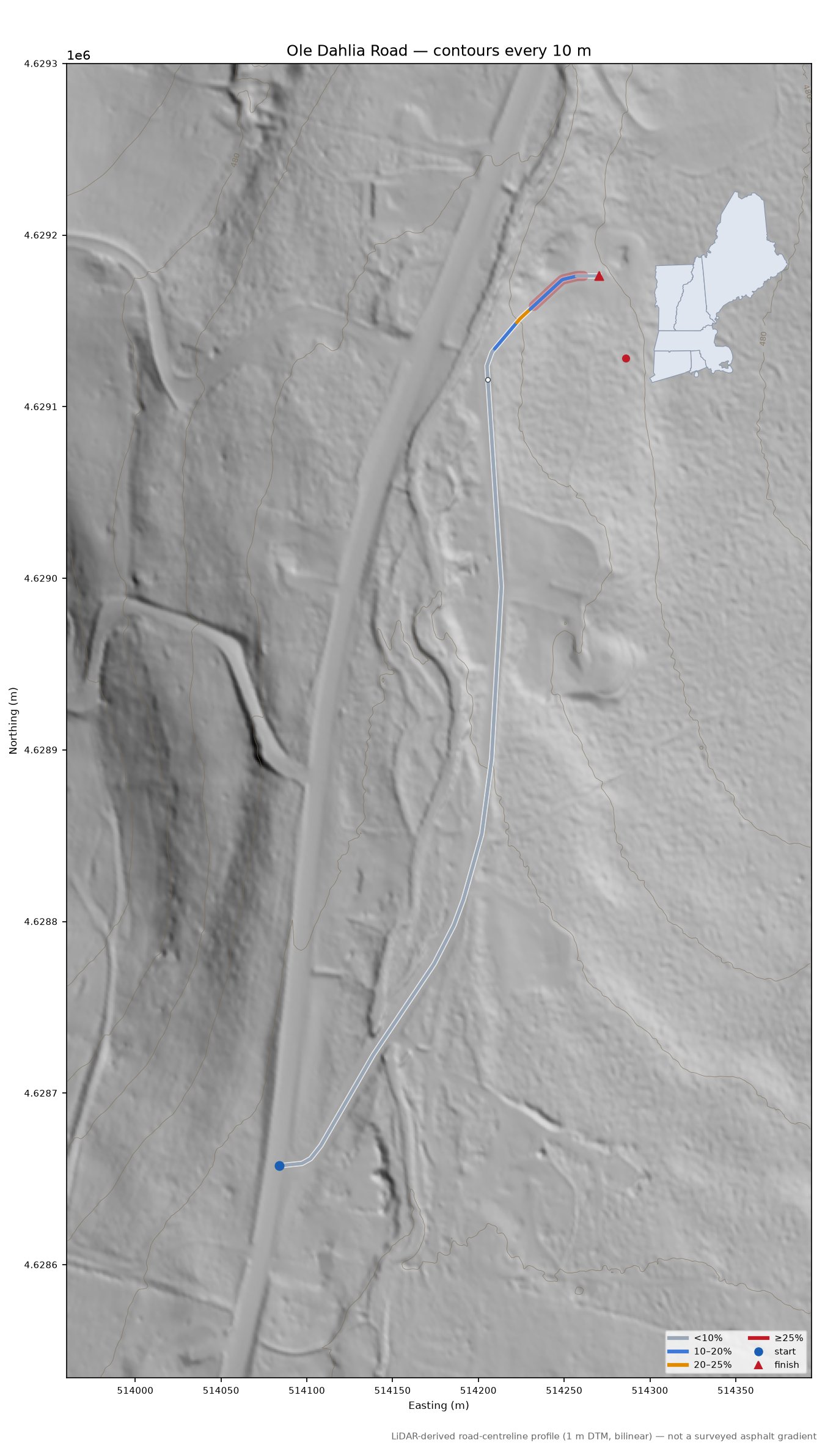 Ole Dahlia Road LiDAR hillshade map with contours