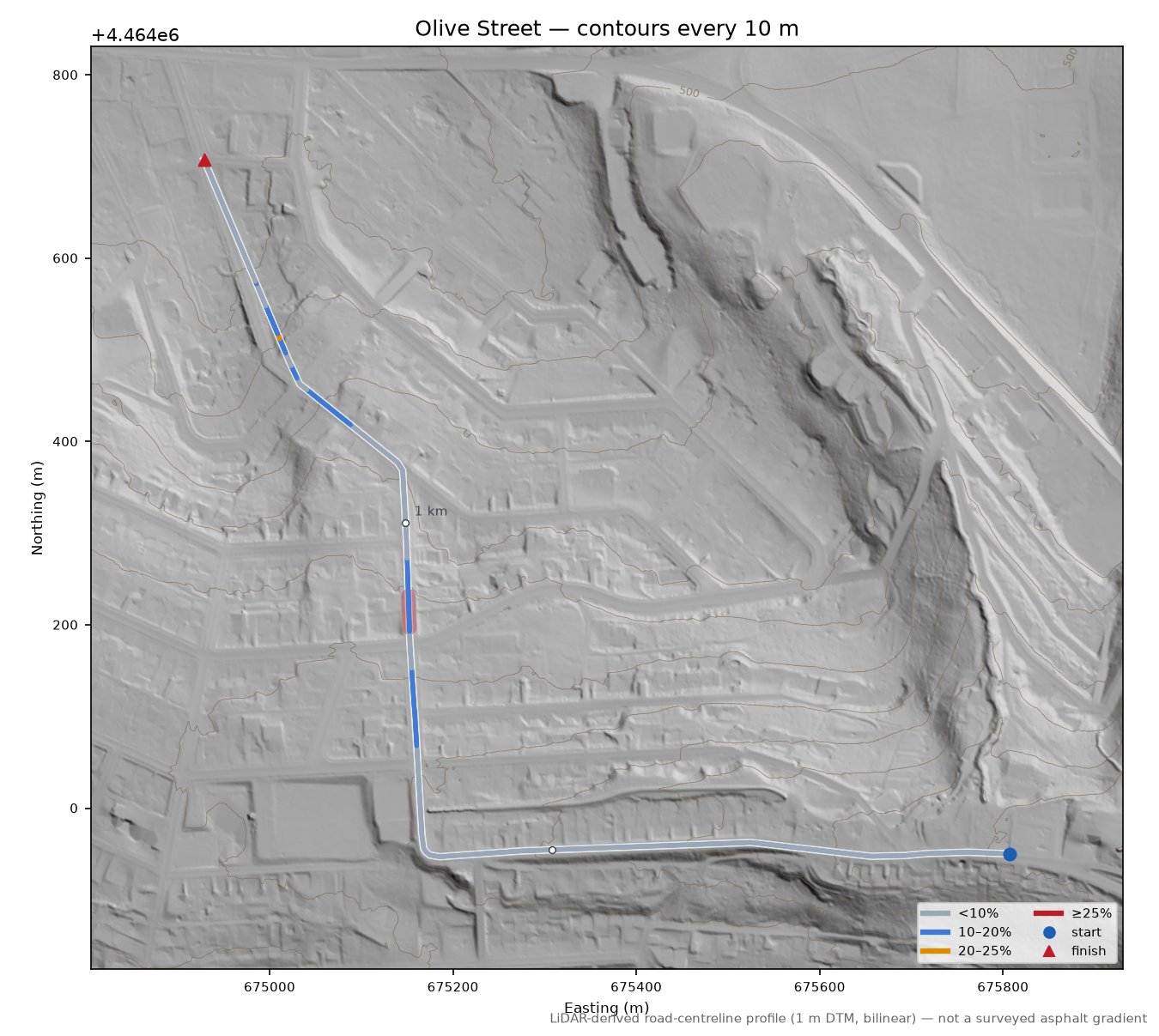 Olive Street LiDAR hillshade map with contours