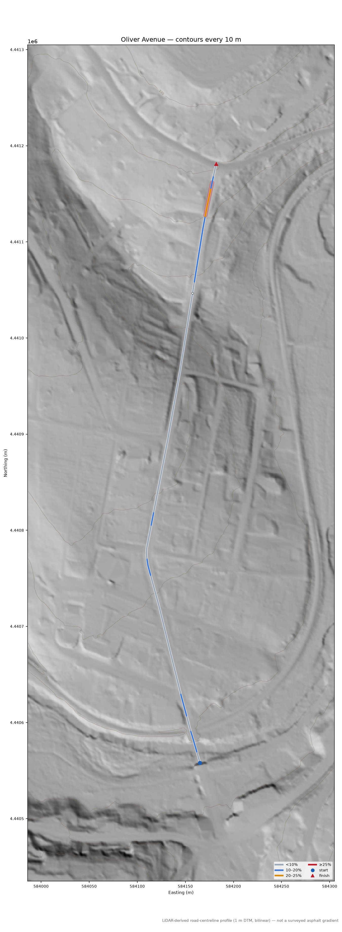 Oliver Avenue LiDAR hillshade map with contours