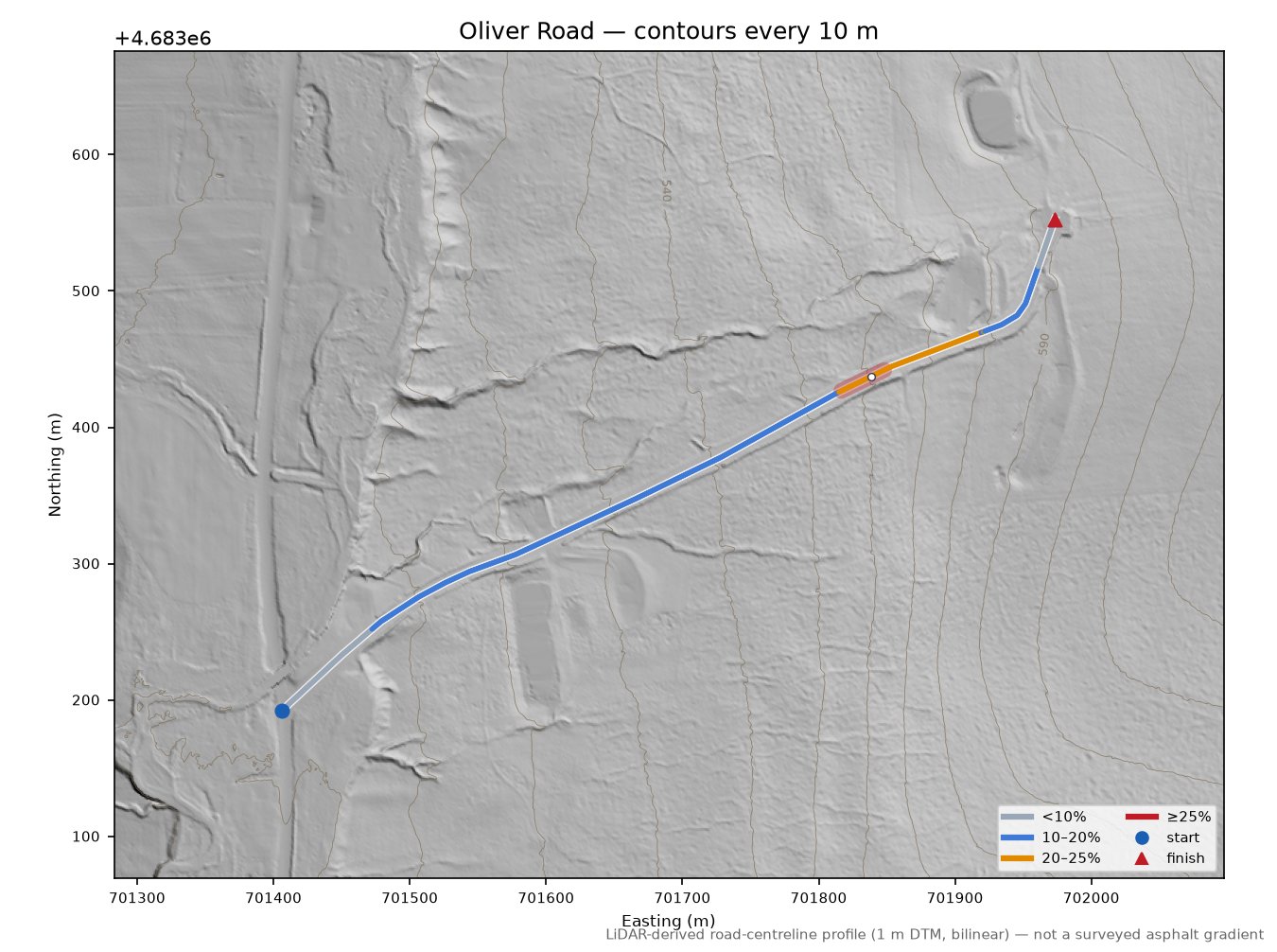 Oliver Road LiDAR hillshade map with contours
