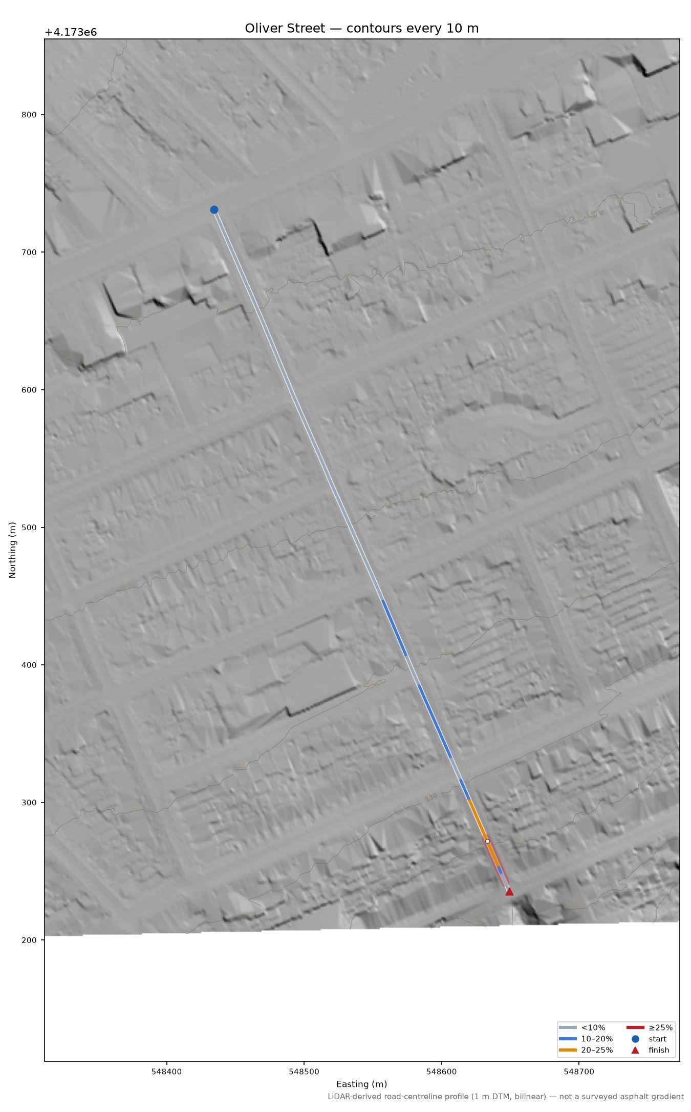 Oliver Street LiDAR hillshade map with contours