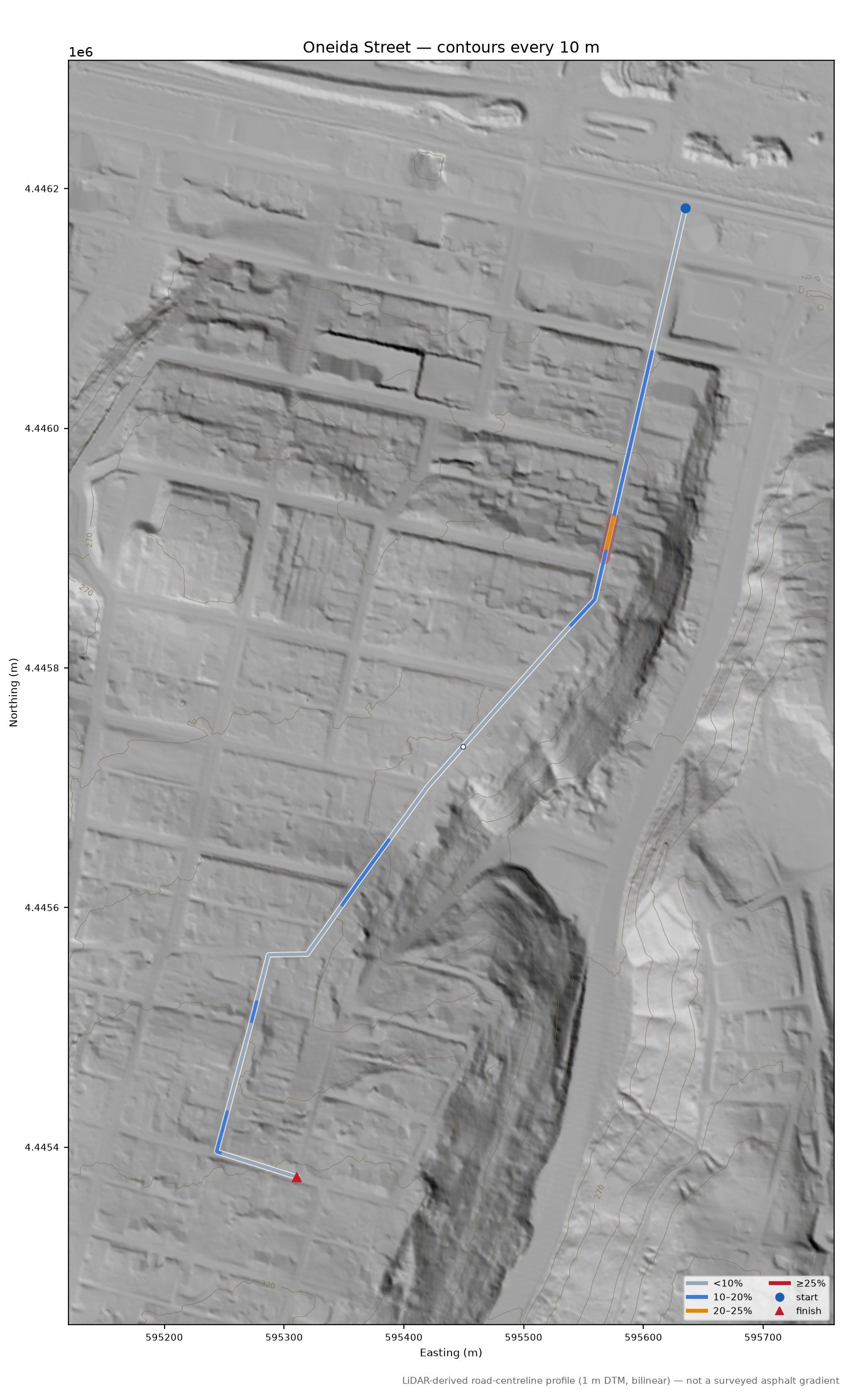 Oneida Street LiDAR hillshade map with contours