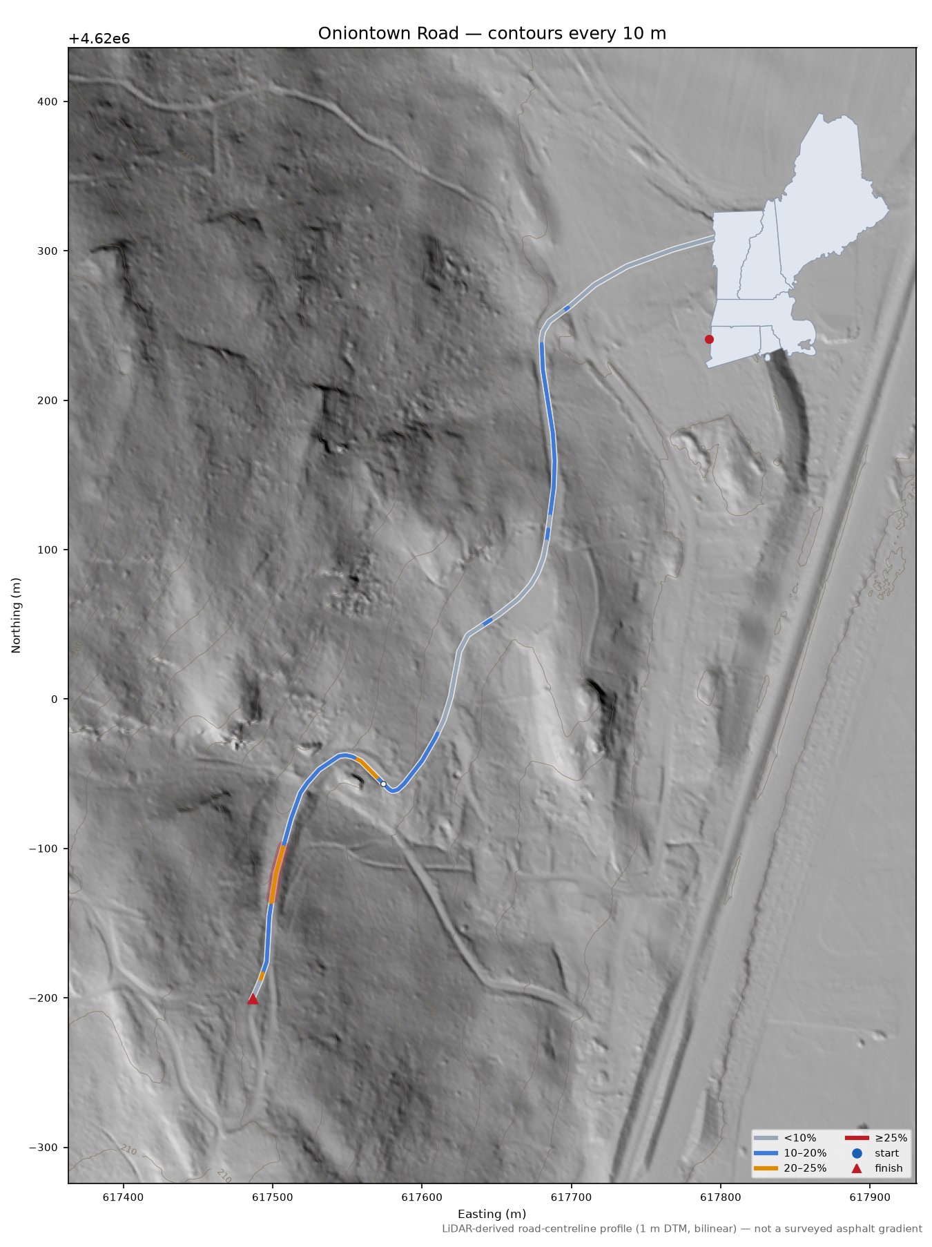 Oniontown Road LiDAR hillshade map with contours
