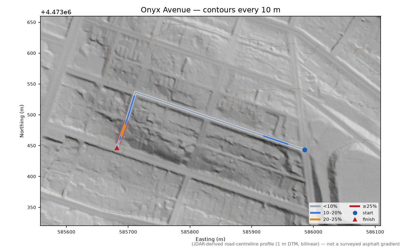 Onyx Avenue LiDAR hillshade map with contours