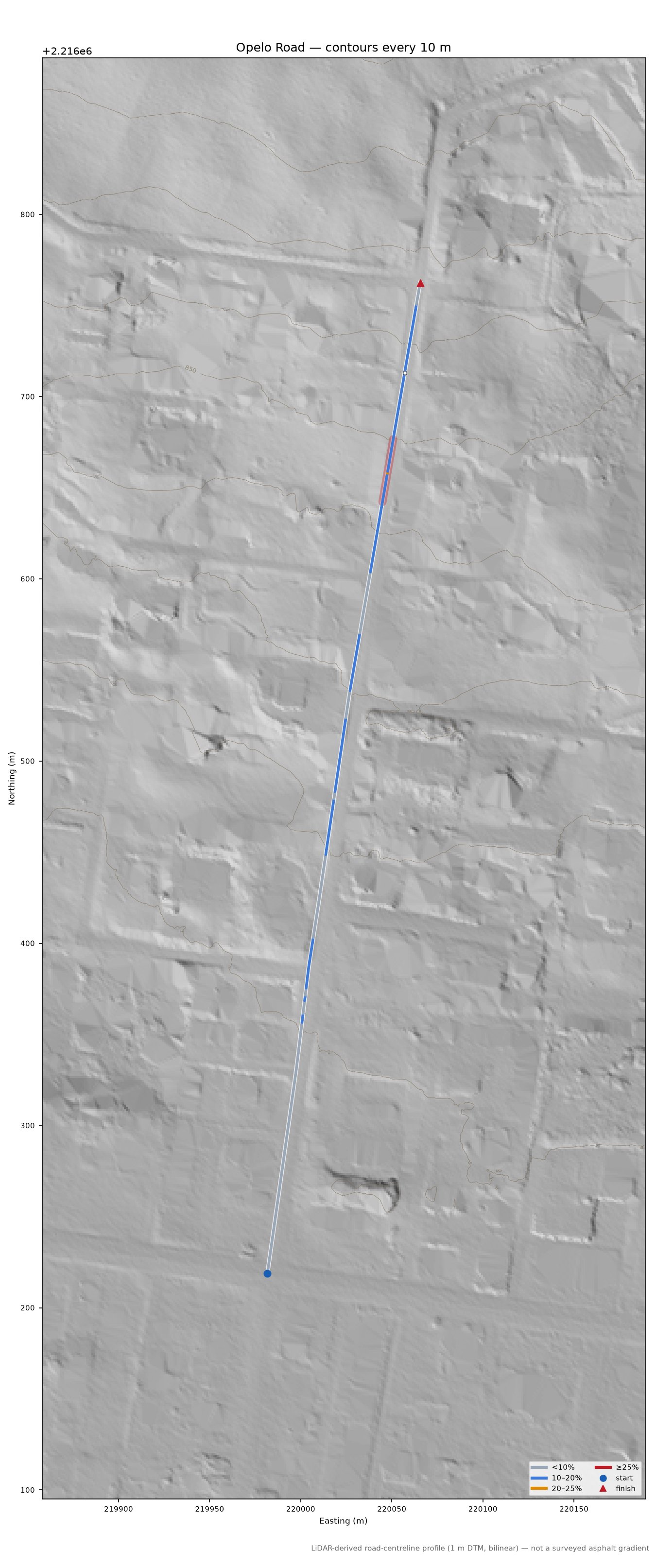 Opelo Road LiDAR hillshade map with contours