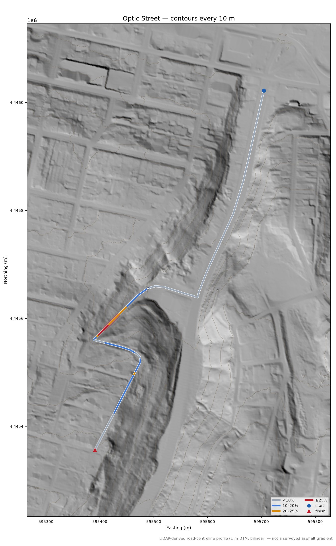 Optic Street LiDAR hillshade map with contours