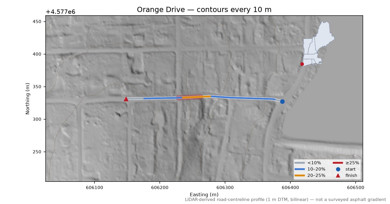 Orange Drive LiDAR hillshade map with contours