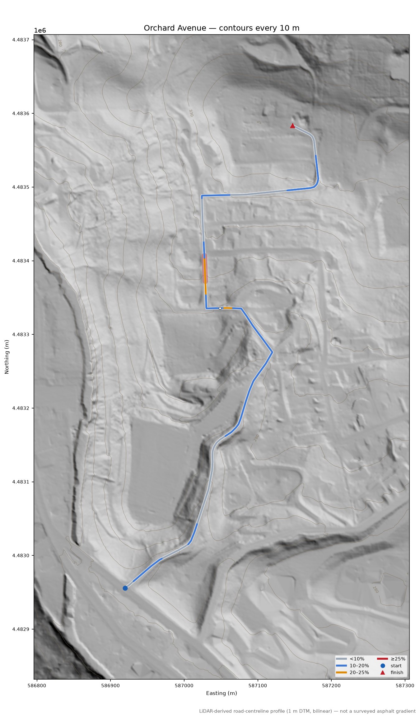 Orchard Avenue LiDAR hillshade map with contours