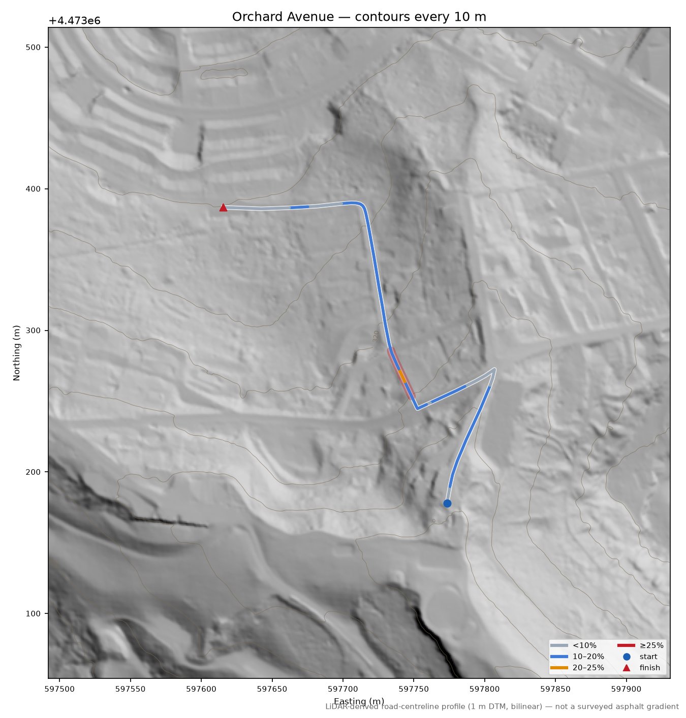 Orchard Avenue LiDAR hillshade map with contours