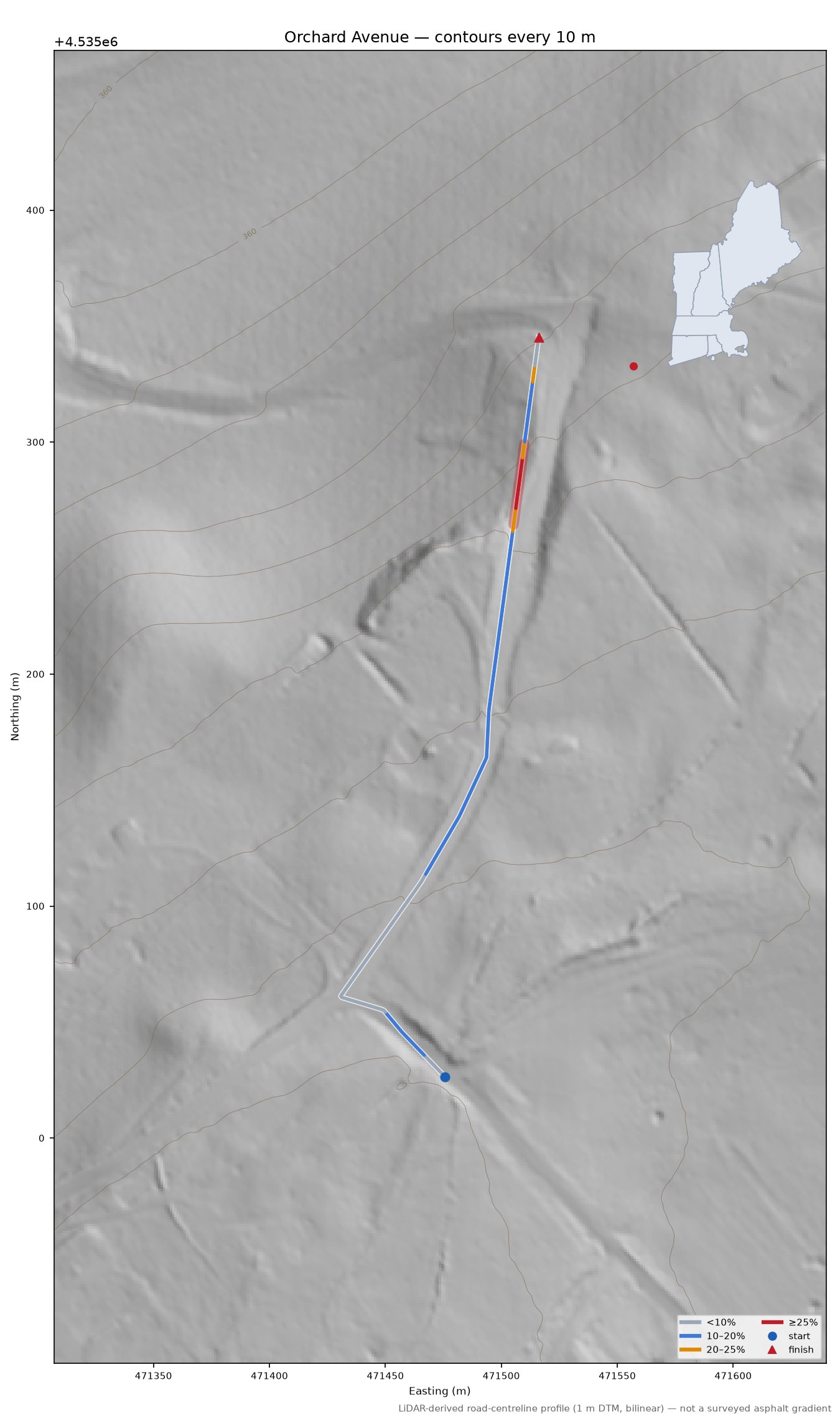 Orchard Avenue LiDAR hillshade map with contours