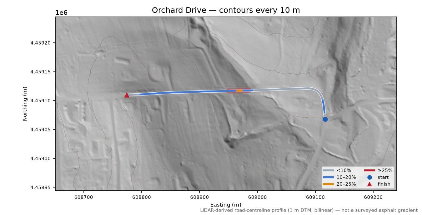 Orchard Drive LiDAR hillshade map with contours