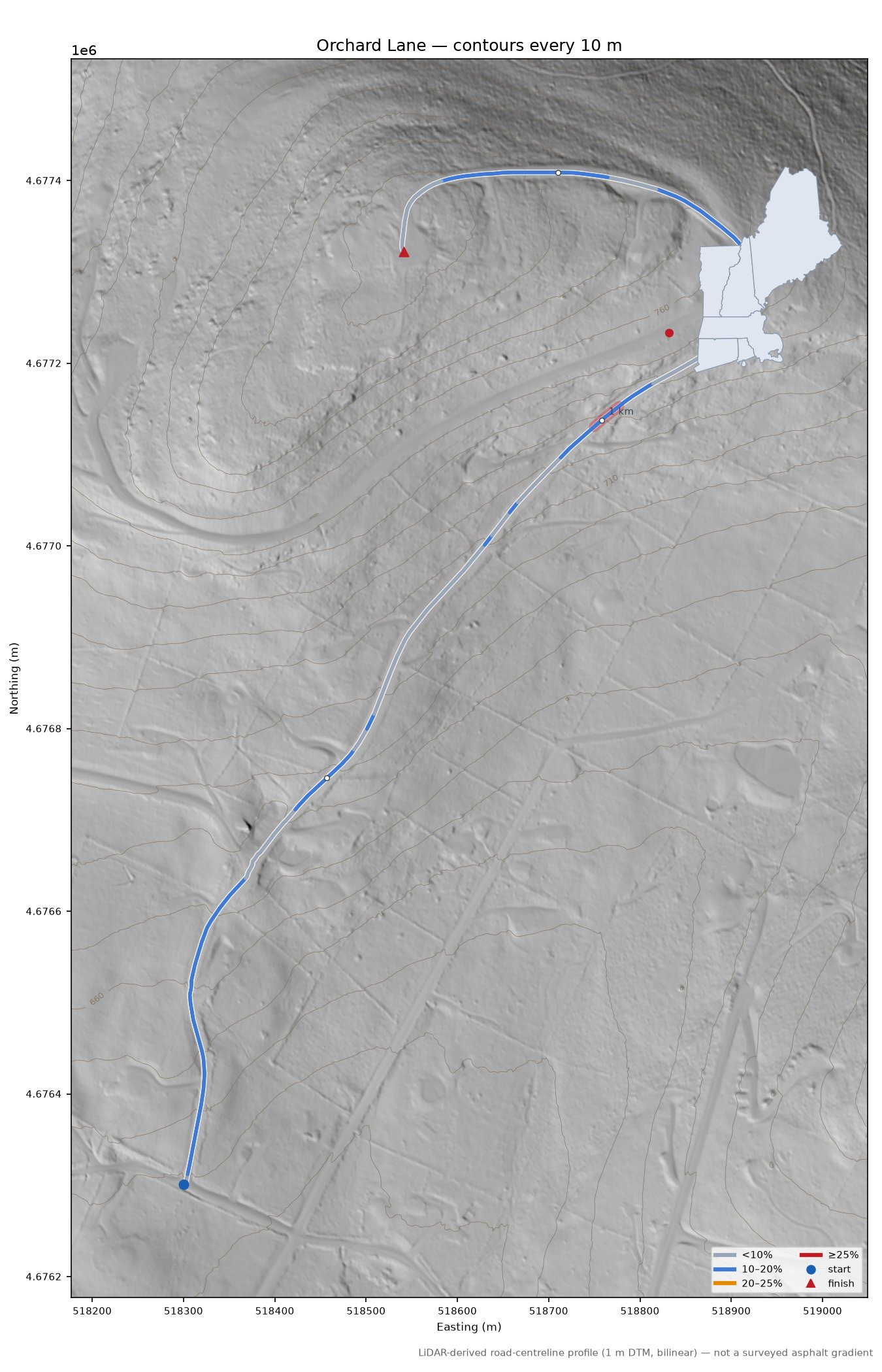 Orchard Lane LiDAR hillshade map with contours