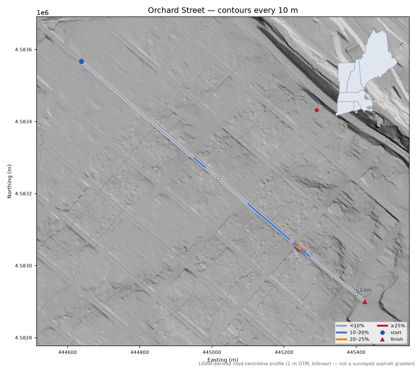 Orchard Street LiDAR hillshade map with contours