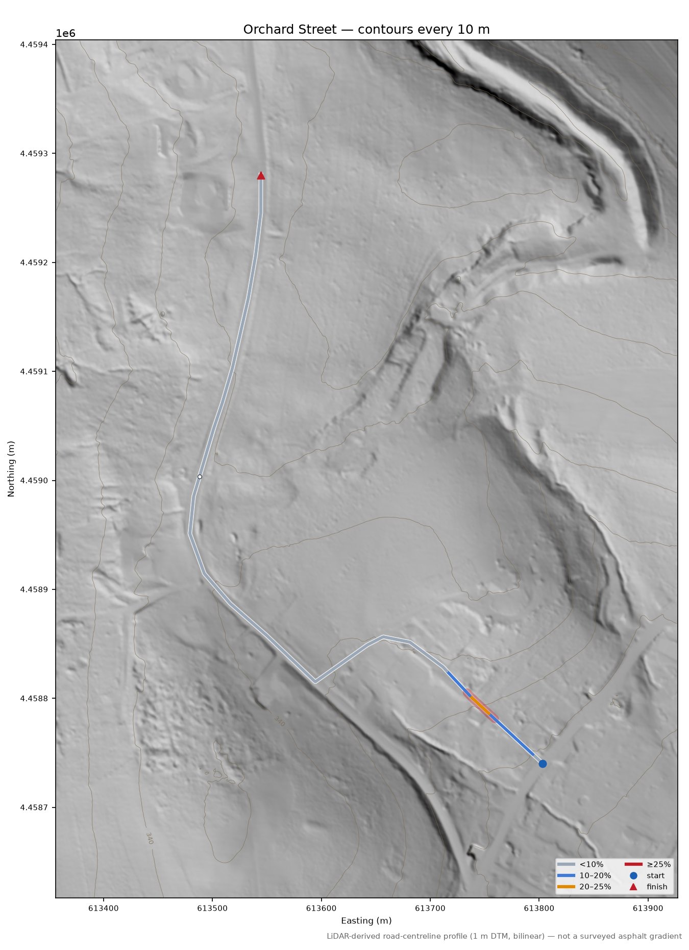 Orchard Street LiDAR hillshade map with contours