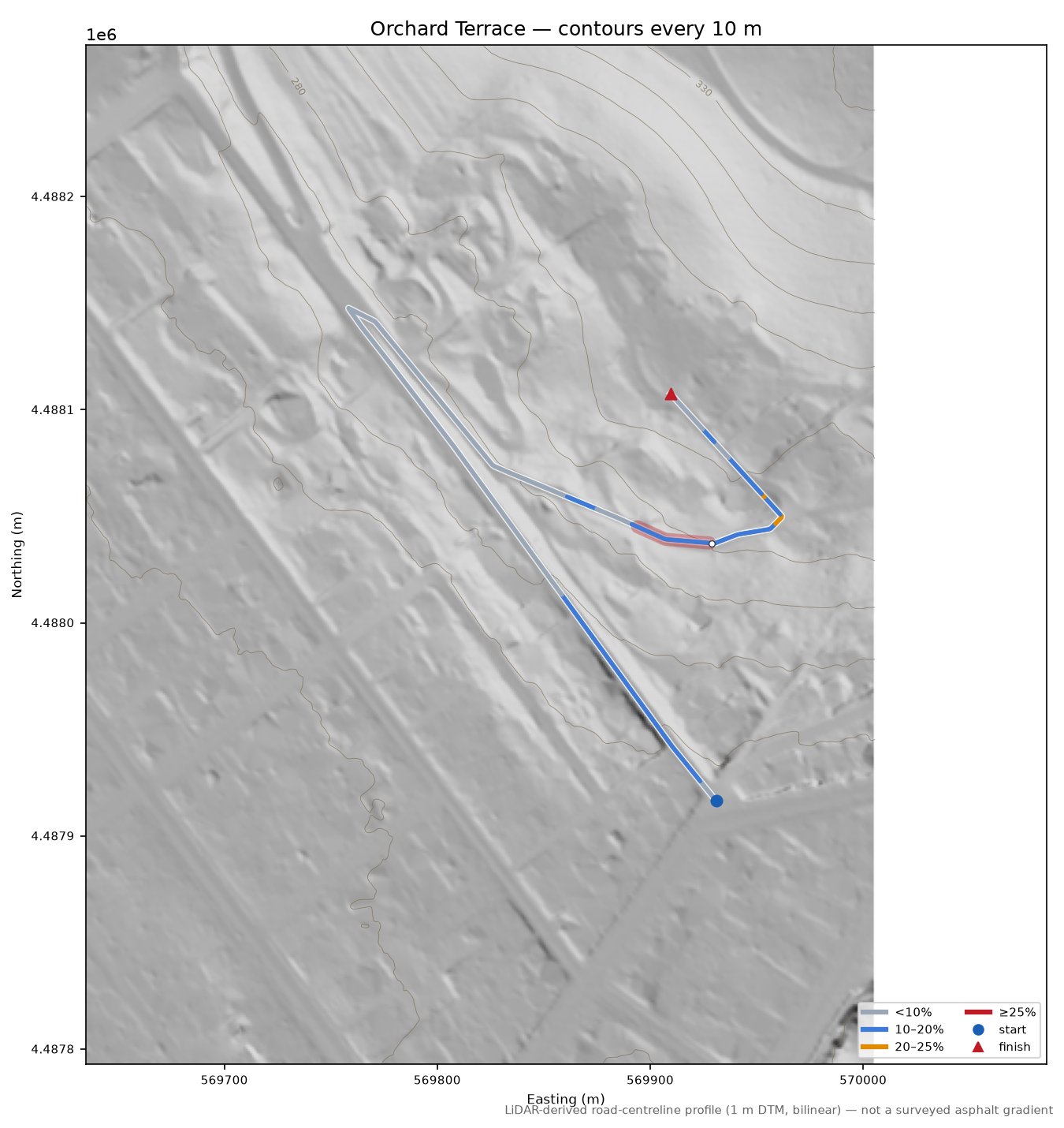 Orchard Terrace LiDAR hillshade map with contours