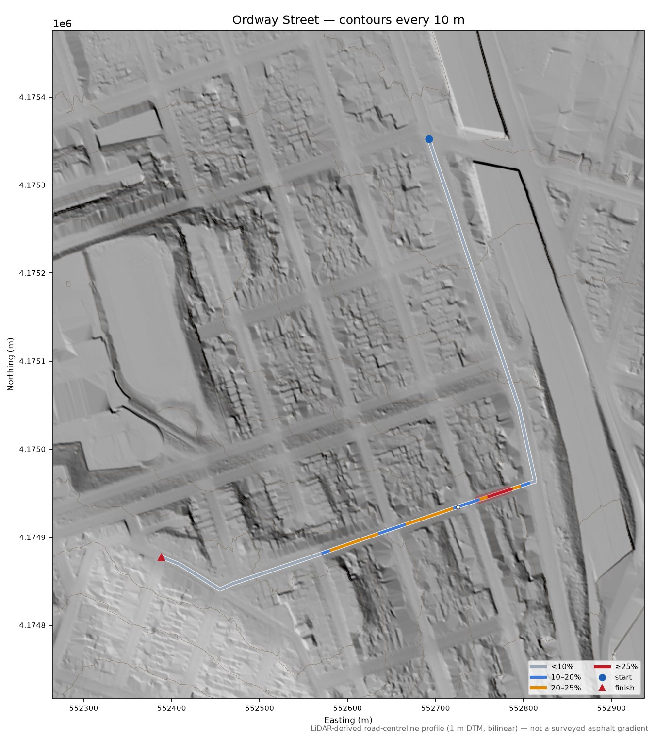 Ordway Street LiDAR hillshade map with contours