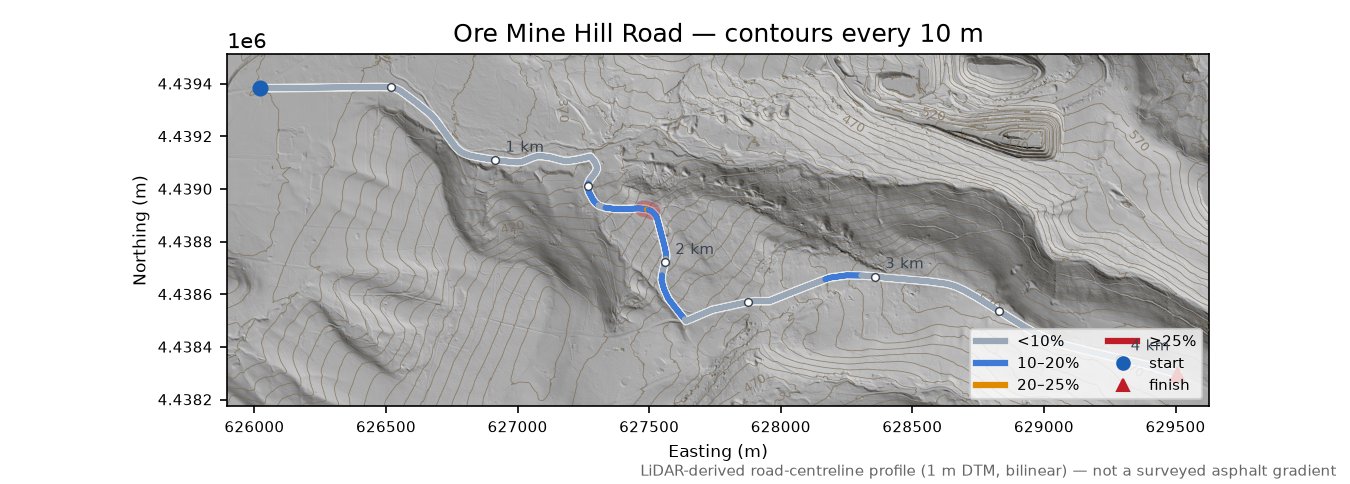Ore Mine Hill Road LiDAR hillshade map with contours