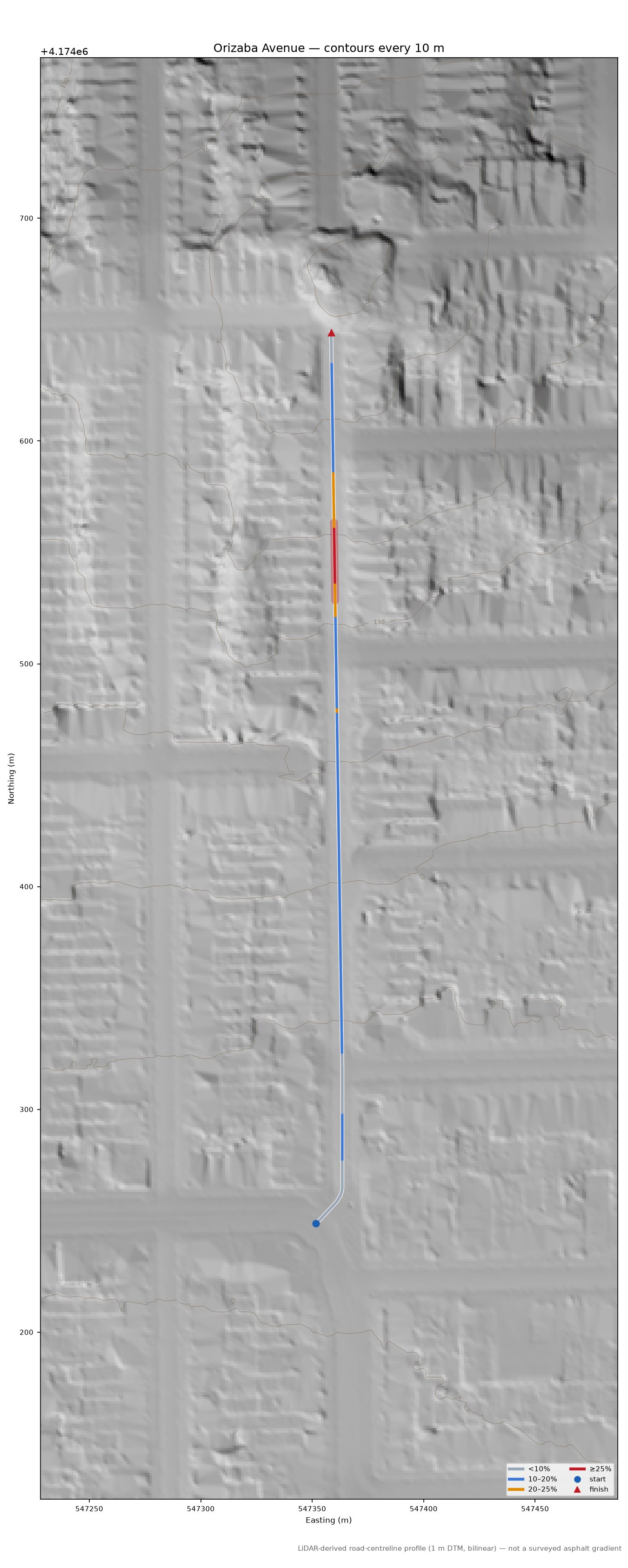 Orizaba Avenue LiDAR hillshade map with contours