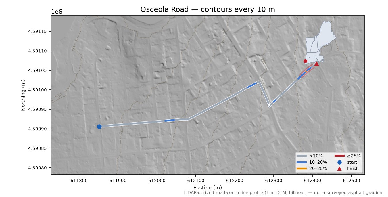 Osceola Road LiDAR hillshade map with contours
